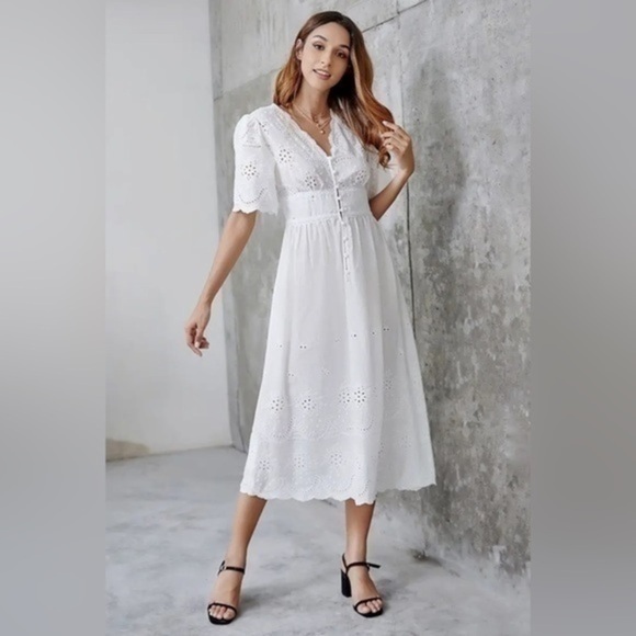 Love Riche Solid Color V-neck Embroidered Bohemian Skater Dress - Picture 1 of 13